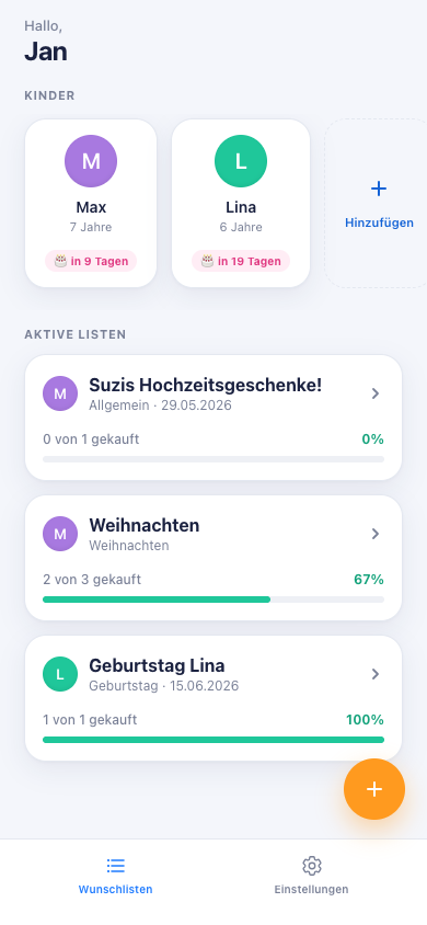KidsList Dashboard mit Kinderprofilen und aktiven Wunschlisten für Geburtstag und Weihnachten
